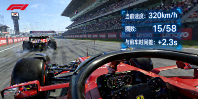 F1大奖赛沉浸式直播画面，展示车载摄像头与赛道数据可视化